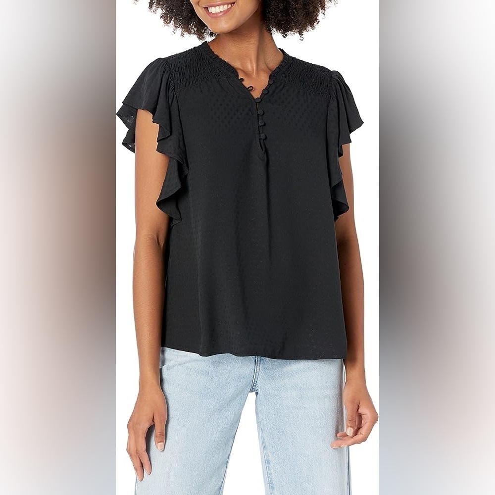 PAIGE Dewan Top Flutter Sleeve Cascading Ruffles Diamond Pattern in Back Top, S